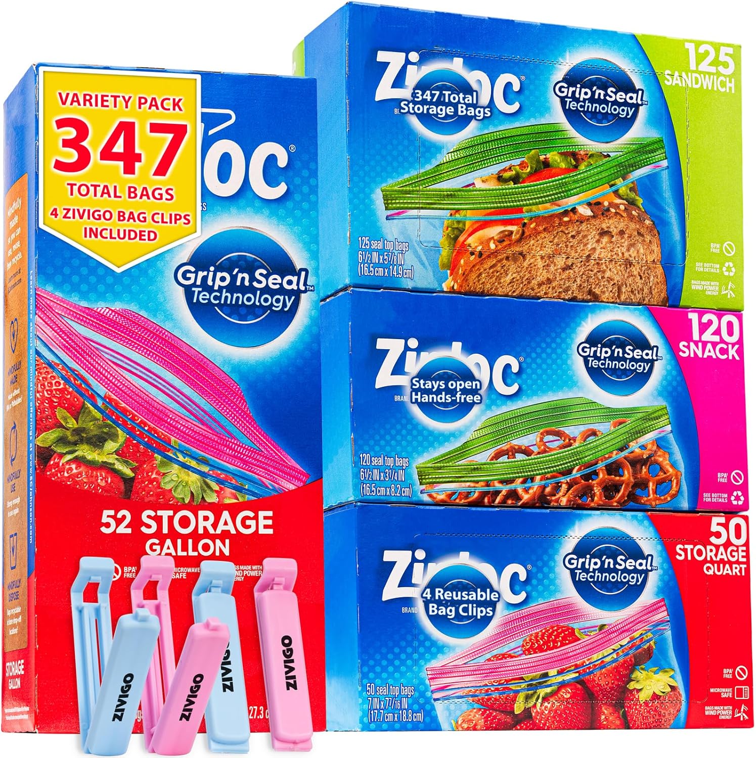 Ziplock Bags Variety Pack with Stay Open Design for Easy Storage