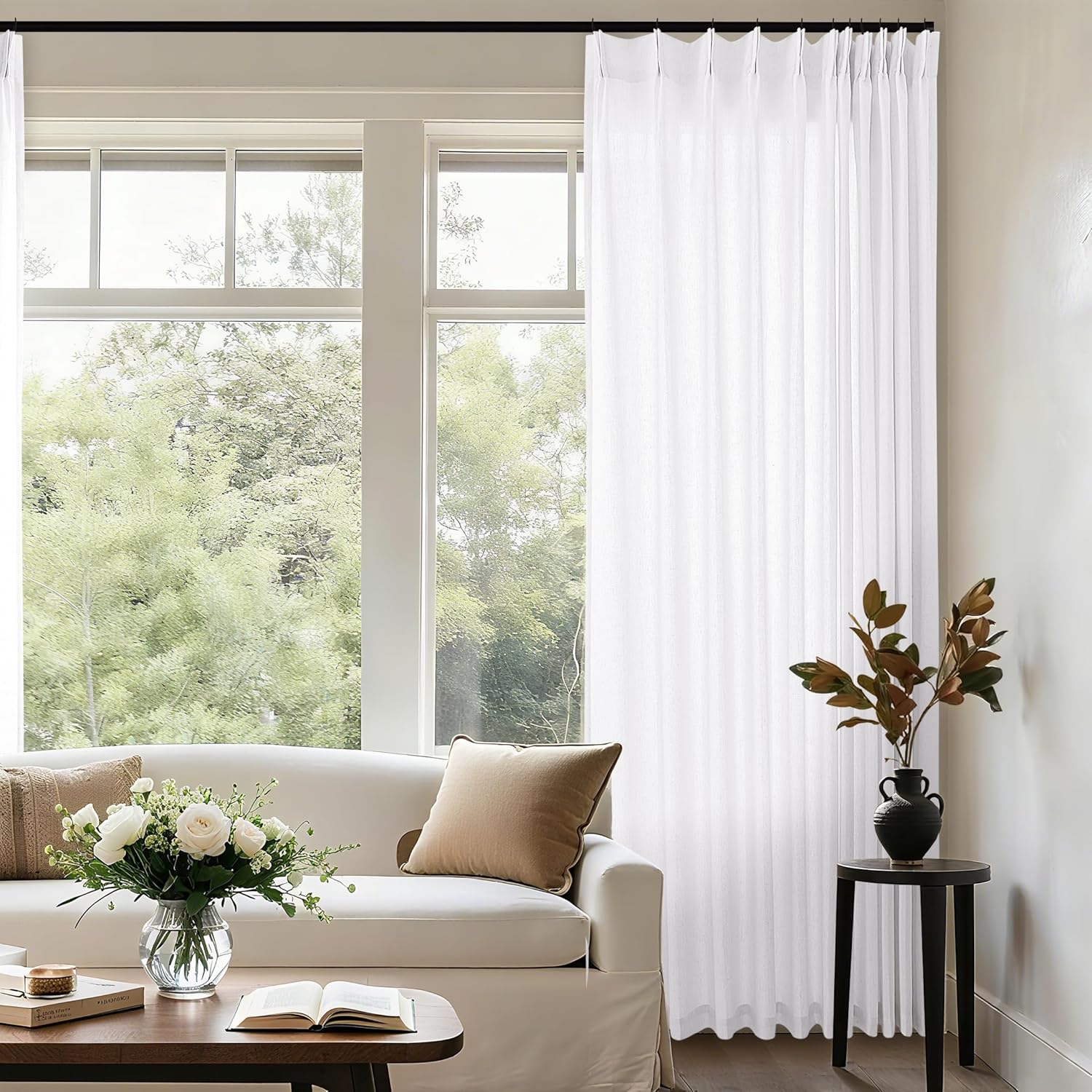 Elegant White Pinch Pleated Curtains for High Ceilings 132 in