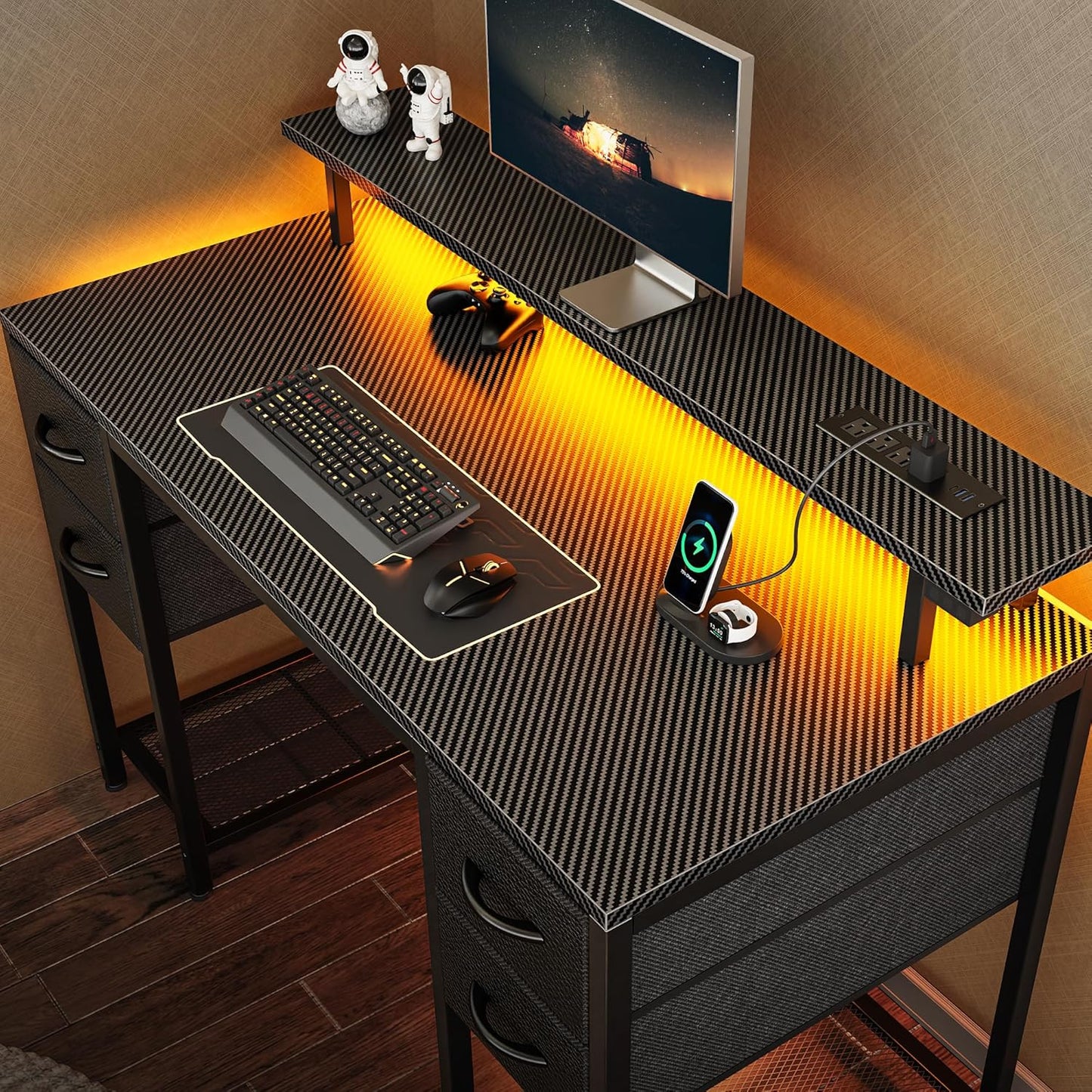Huuger 47 inch Computer Desk with Drawers and LED Lights