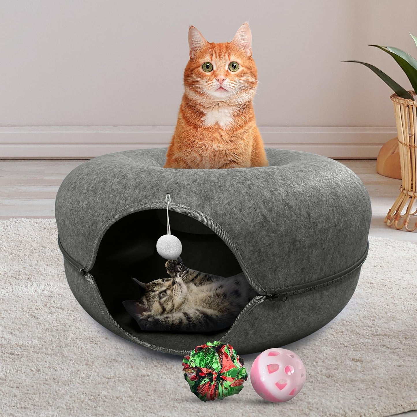 Okoco Cat Tunnel Bed for Indoor Cats - 2-in-1 Donut Design