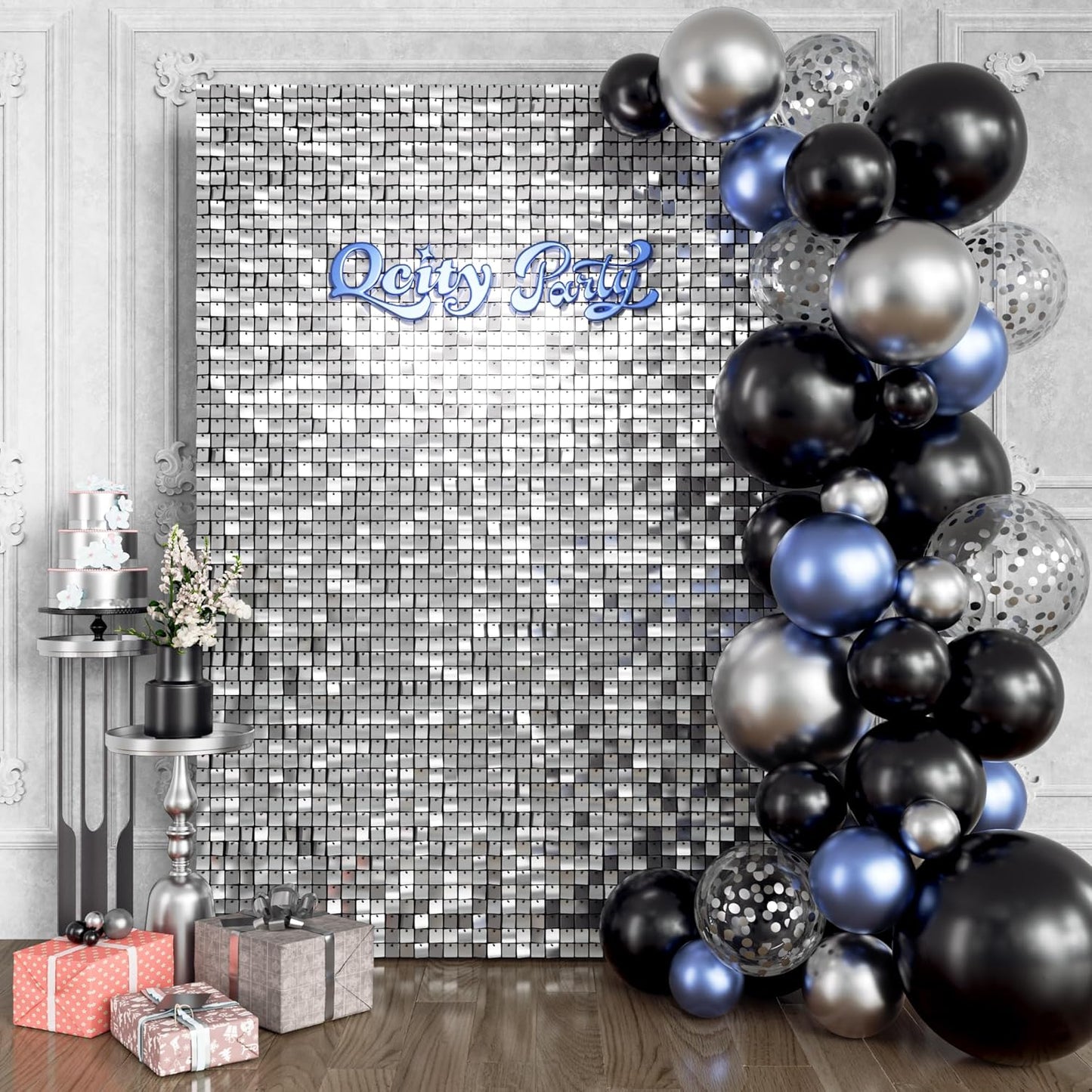 Qcity Silver Shimmer Wall Backdrop 24PCS for Stunning Events