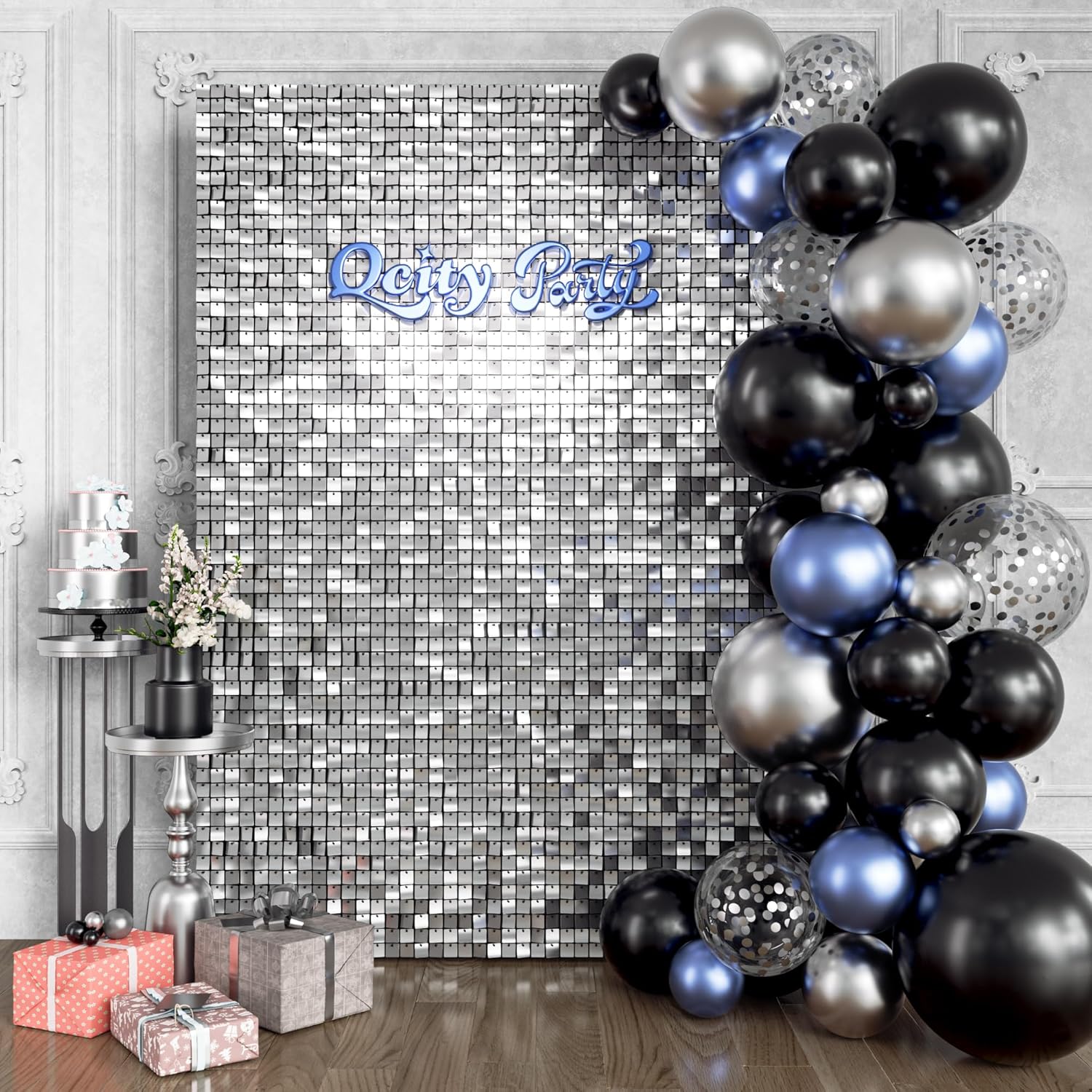 Qcity Silver Shimmer Wall Backdrop 24PCS for Stunning Events
