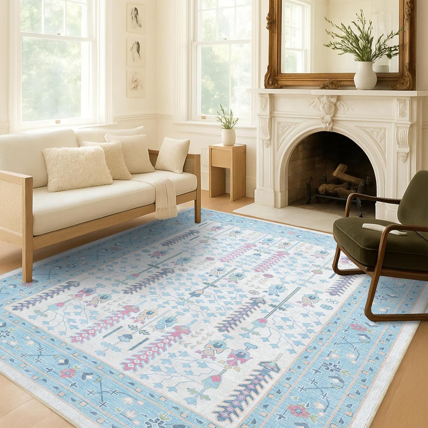 Cream Blue Oushak Rug - Modern Vintage Turkish Floral Design