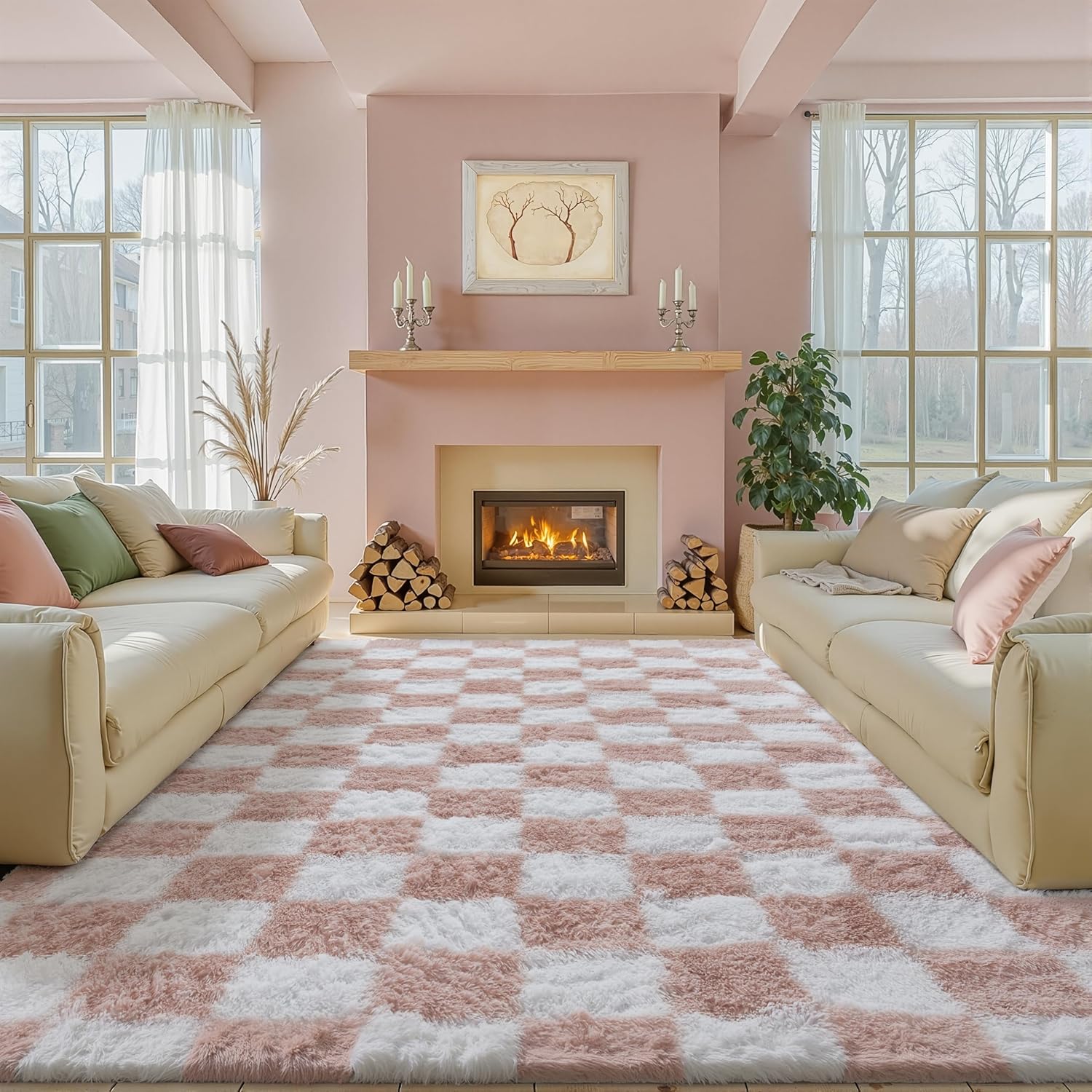 Checkered Rug 6x9 for Living Room, Pink and White Modern Shag