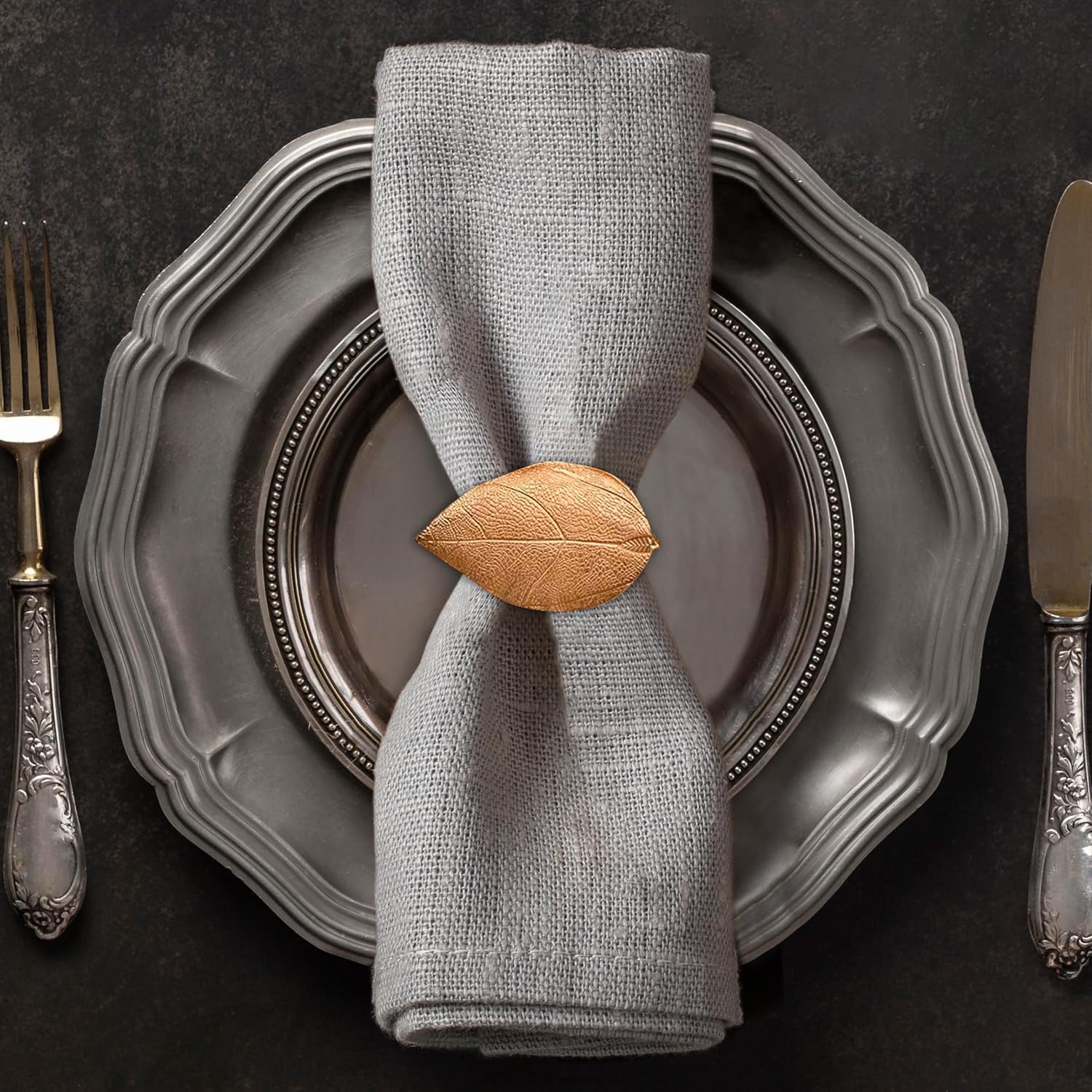 Elegant Gold Napkin Rings Set of 12 in Leaf Design for Holidays