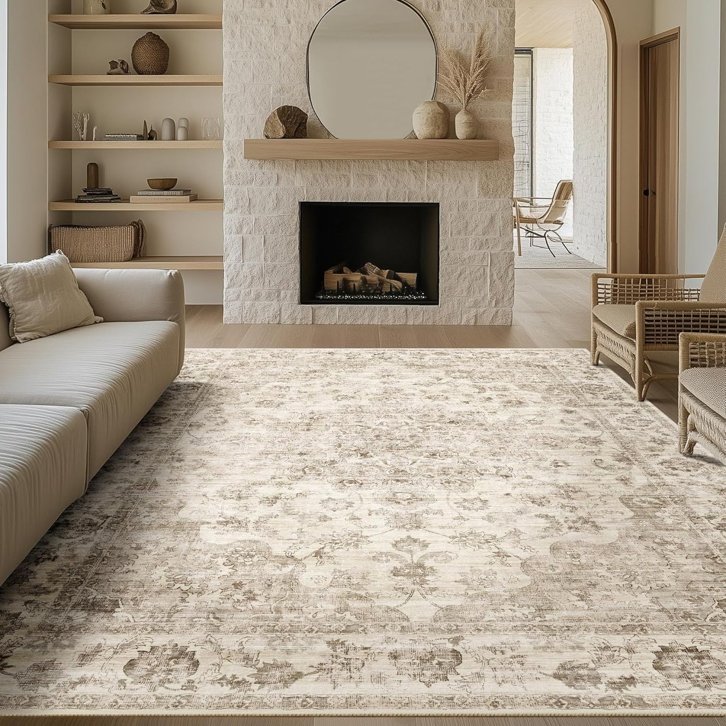 8x10 Washable Neutral Area Rug for Vintage Living Room Style