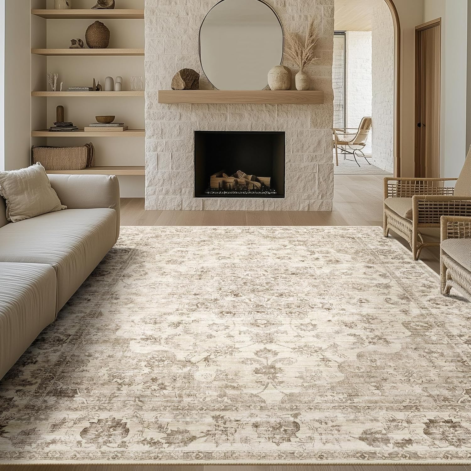 8x10 Washable Neutral Area Rug for Vintage Living Room Style