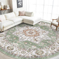 9 ft Round Area Rug - Washable Boho Tribal Rug in Sage