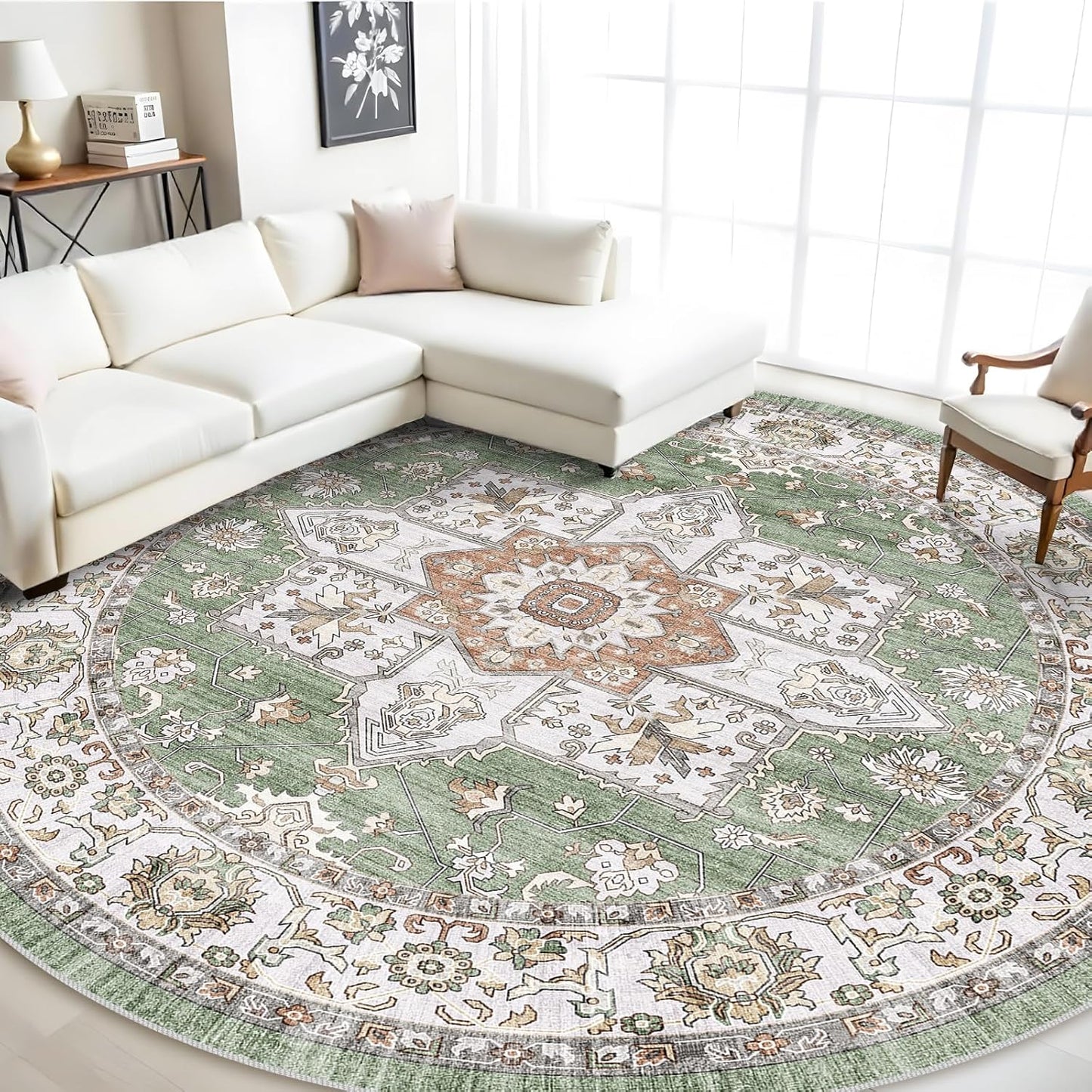 RUUGME Washable 9 ft Round Area Rug - Boho Vintage Tribal Design