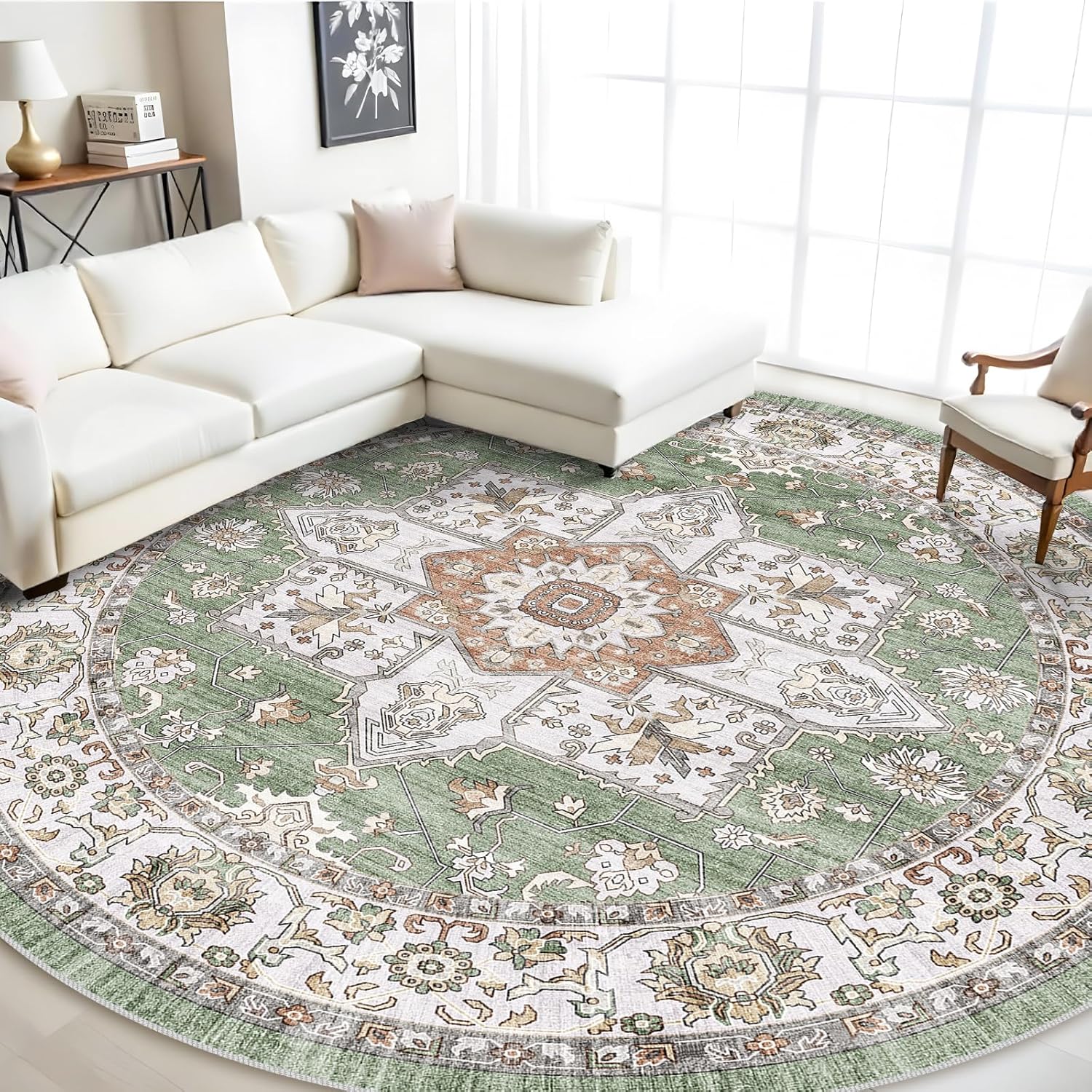 RUUGME Washable 9 ft Round Area Rug - Boho Vintage Tribal Design