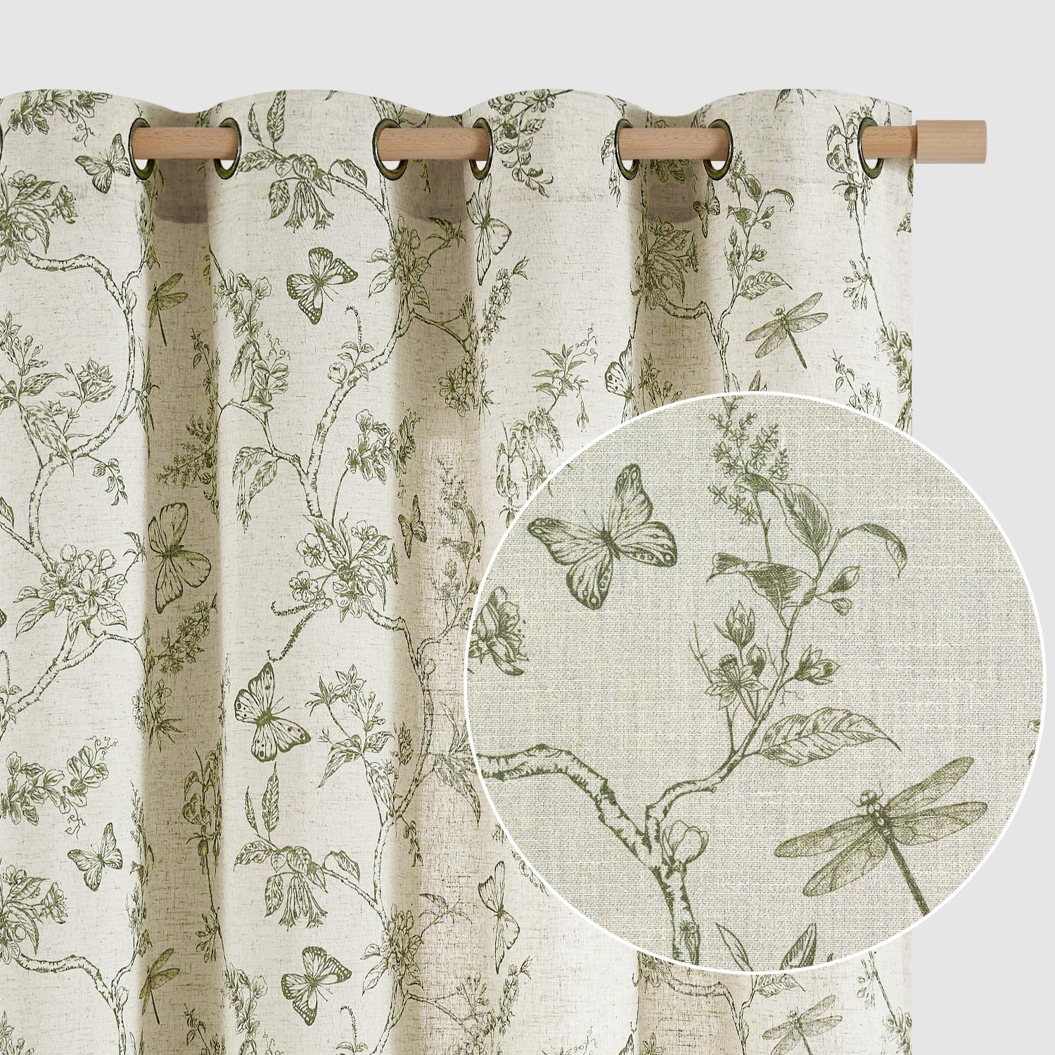 Lazzzy Linen Farmhouse Curtains Green Floral 63 Inch Drapes
