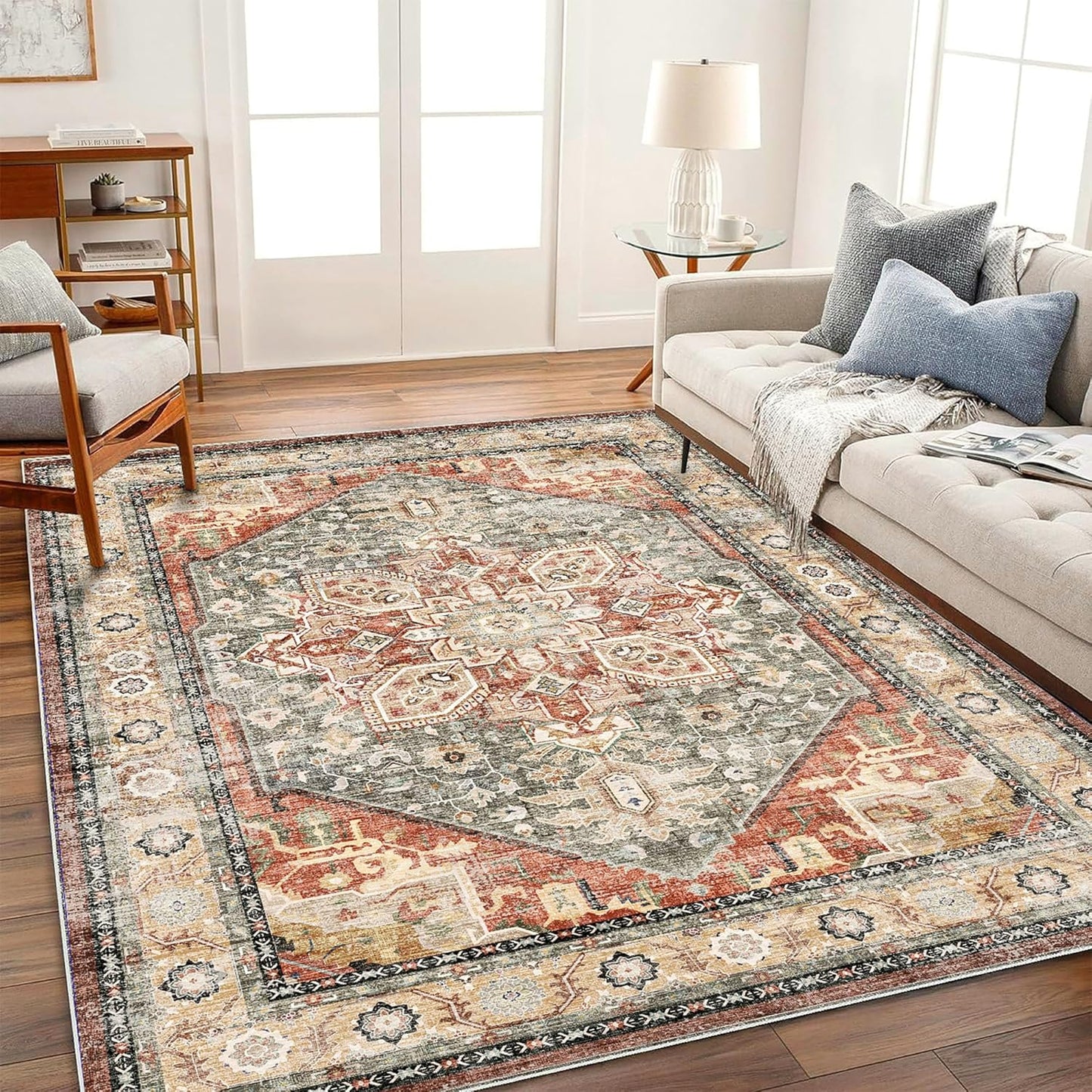 Vintage Traditional Area Rug 6ftx9ft Red Khaki for Home Use