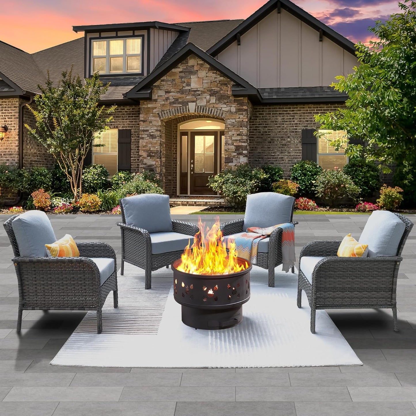 ovios 4 Pieces Patio Furniture Set with Fire Pit for Outdoors