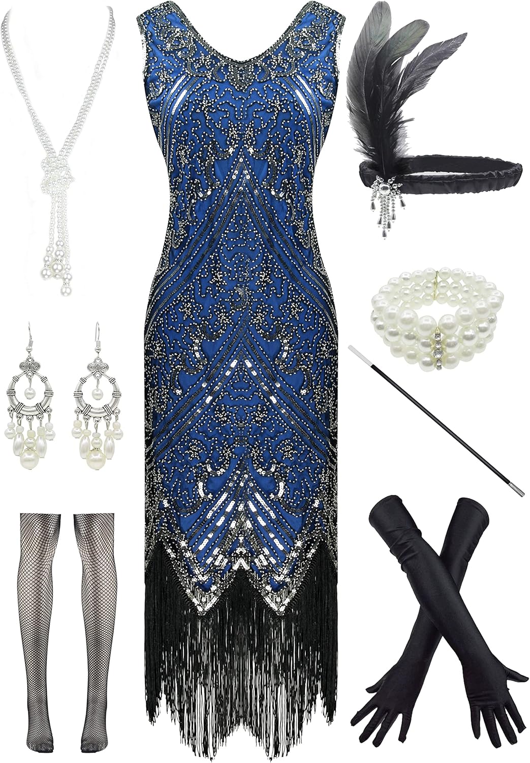 1920s Gatsby Sequin Fringed Flapper Dress with Accessories Set