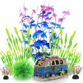 Fish Tank Decorations Plants with Resin Cave Rock View - Colorful Set