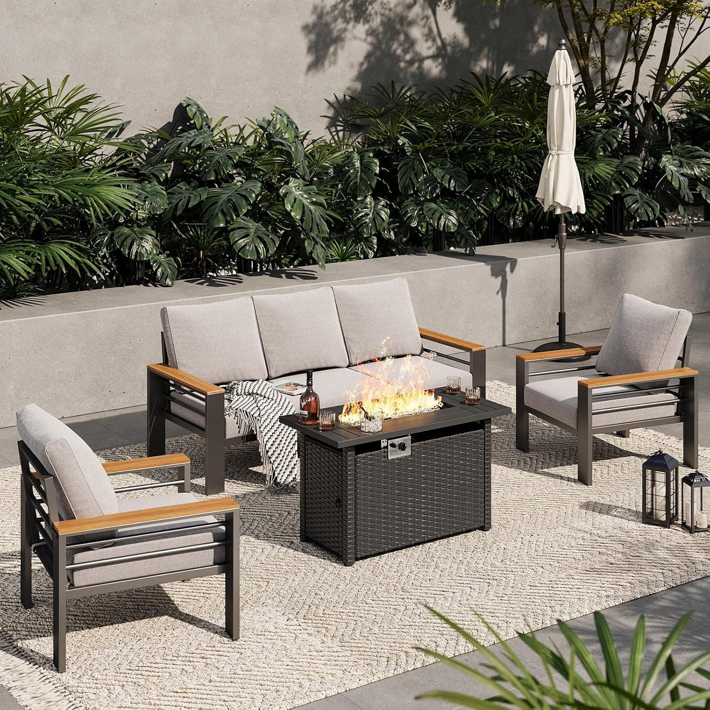 Aoxun Aluminum Outdoor Patio Furniture Set with Firepit Table