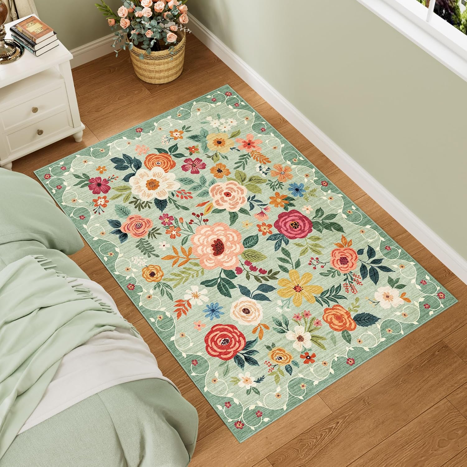 DUKINO 3x5 Area Rug - Lightweight Non Slip Washable Floral Design