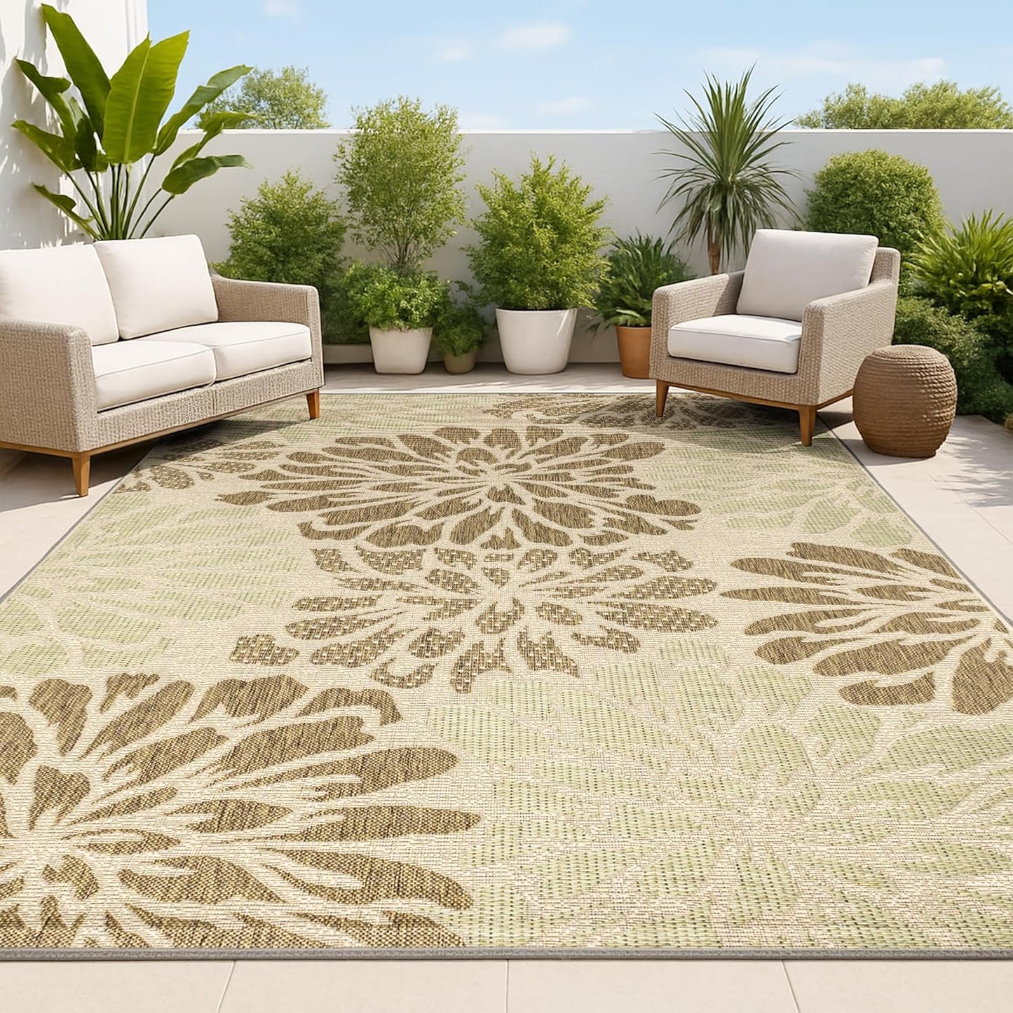 Floral Textured Weave Indoor Outdoor Area Rug 8X10 for Patios