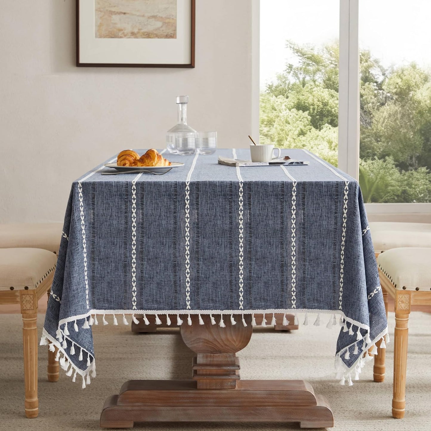 ZeeMart Hemstitched Embroidery Striped Boho Tablecloth 60x120 in