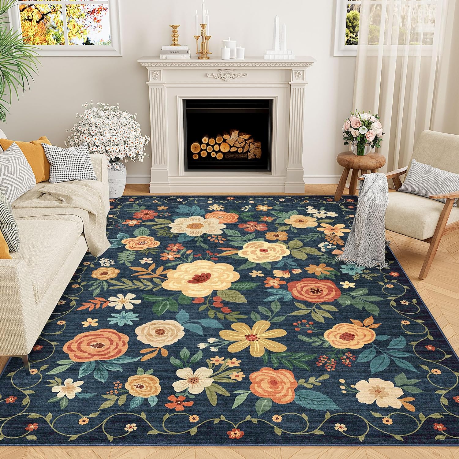 DUKINO 5x7 Area Rug - Lightweight Non Slip Floral Design