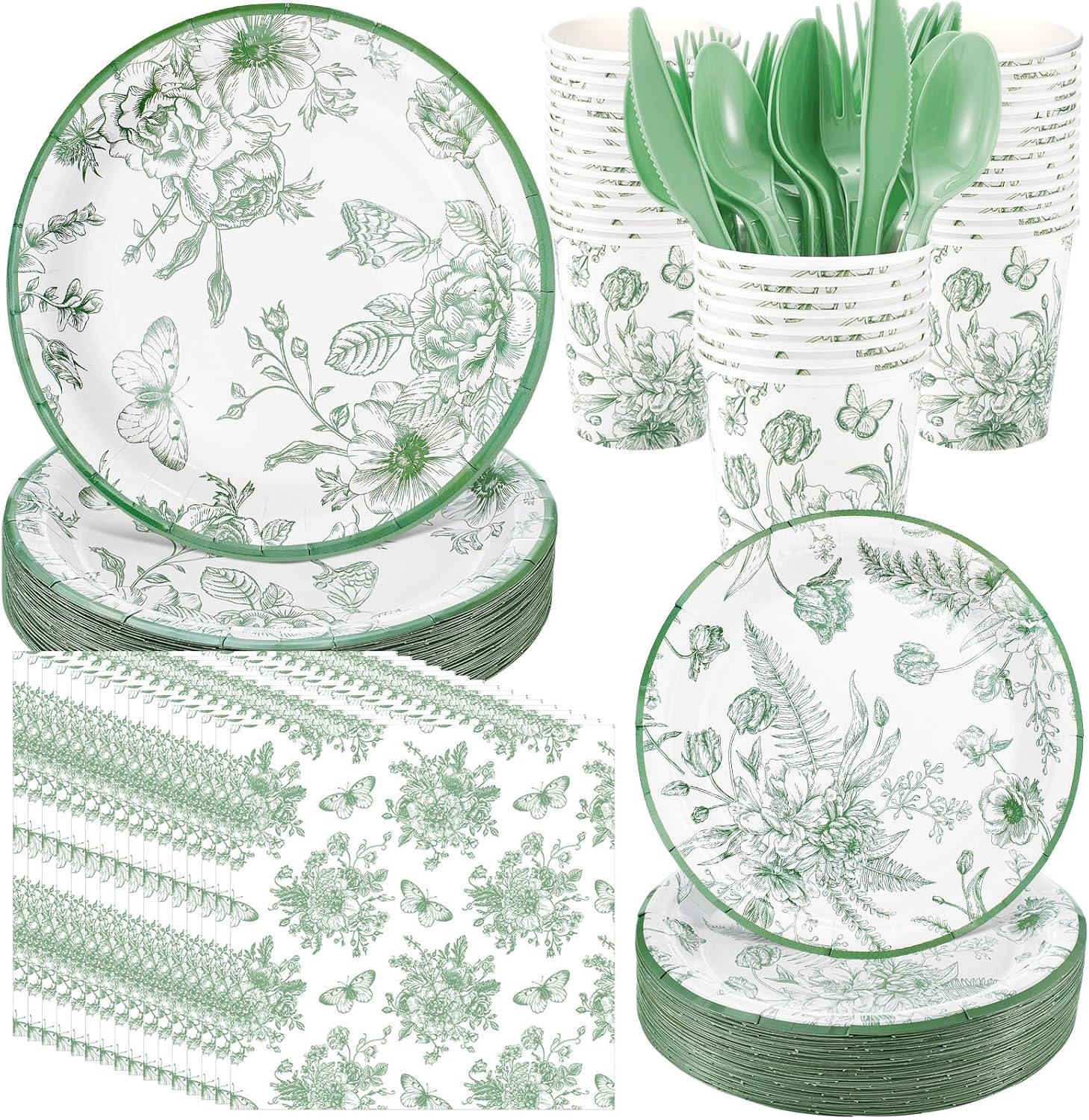 400 Pcs Green Floral Party Supplies for 50 Guests Perfect for Events