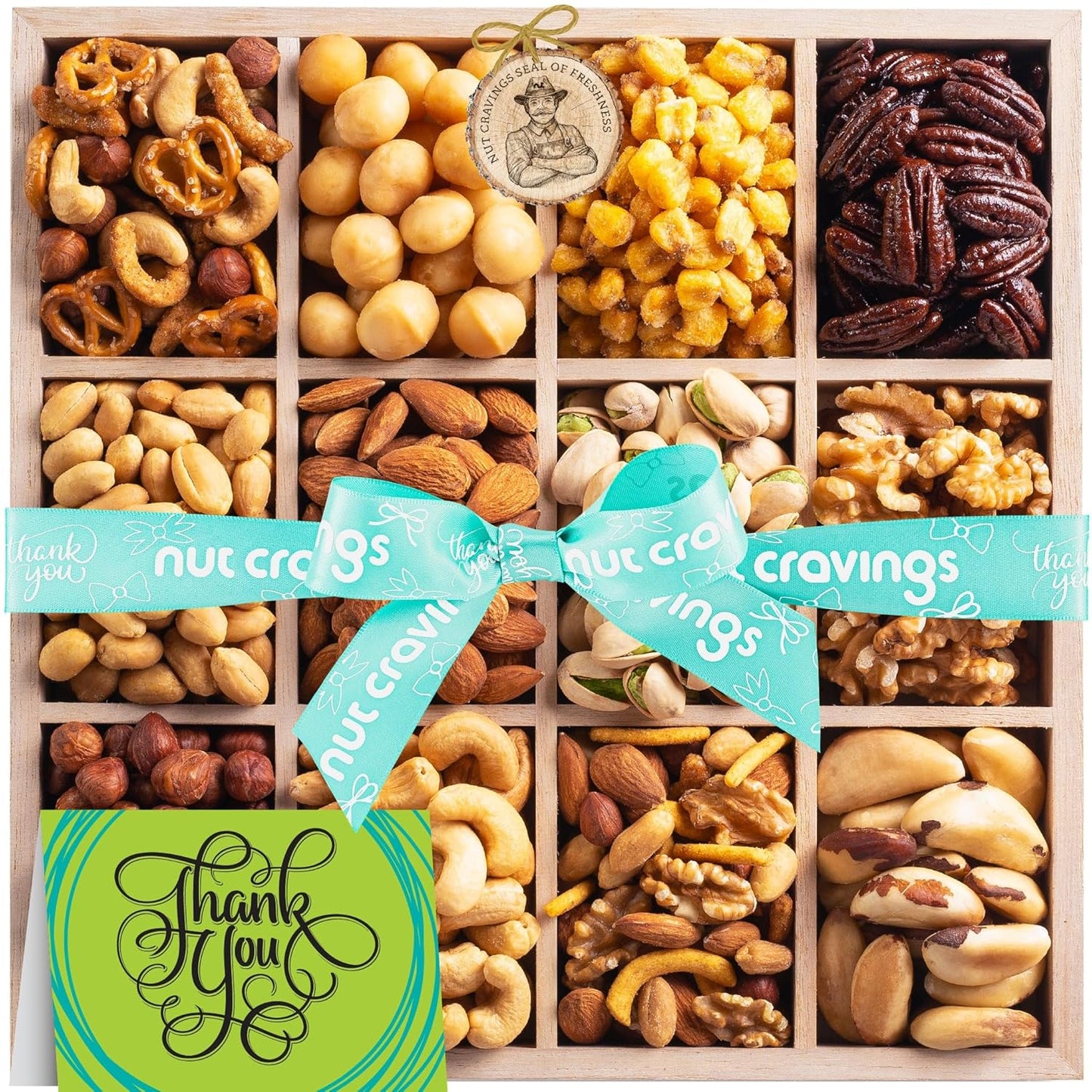 Gourmet Nuts Gift Basket with Thank You Card in Wooden Tray