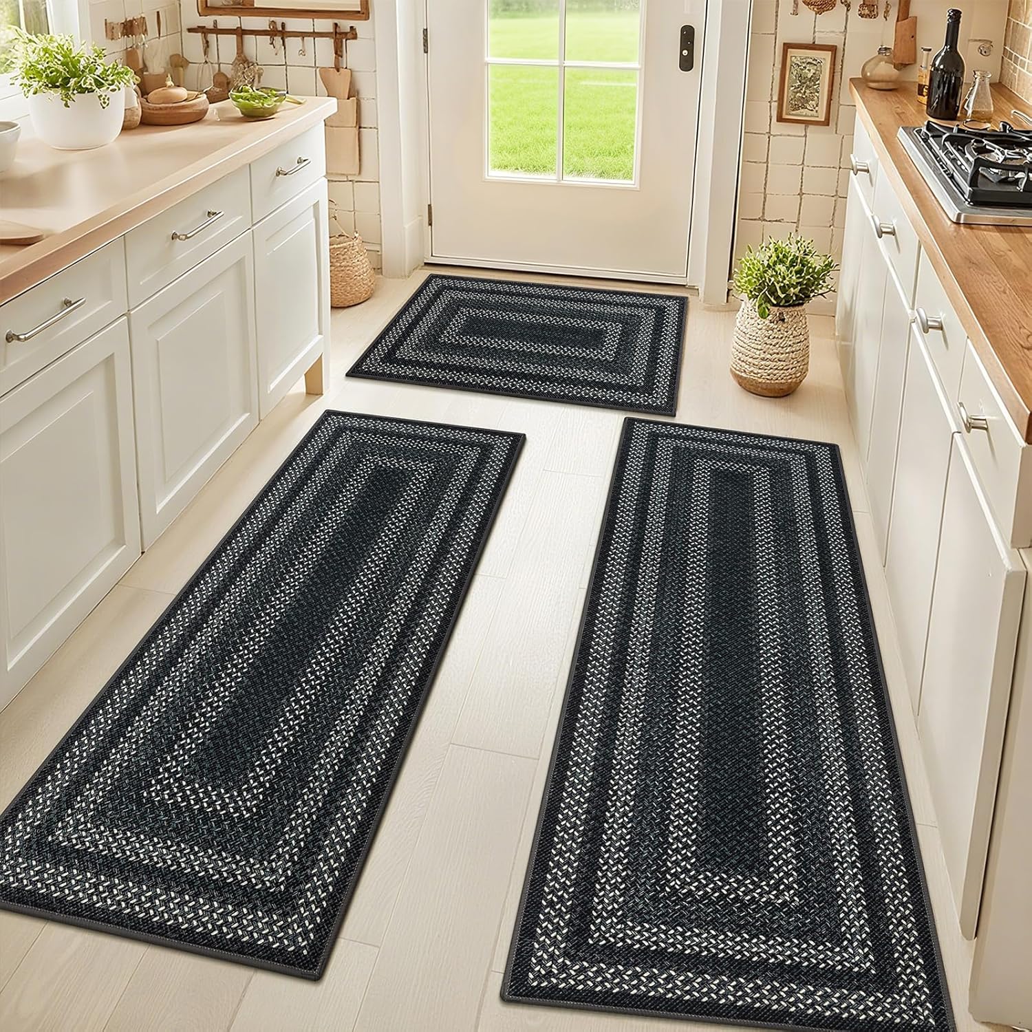 HEBE Washable Kitchen Rugs Set of 3, Non-Slip Absorbent Mats