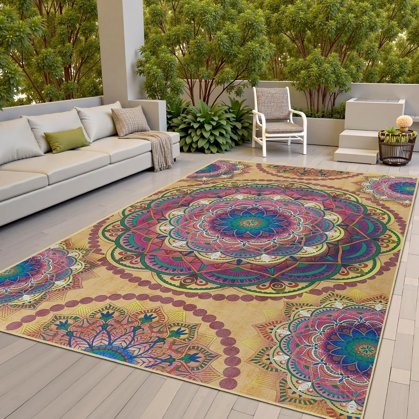 Meditation Indoor Outdoor Rug 5x8 ft Boho Style for Serenity