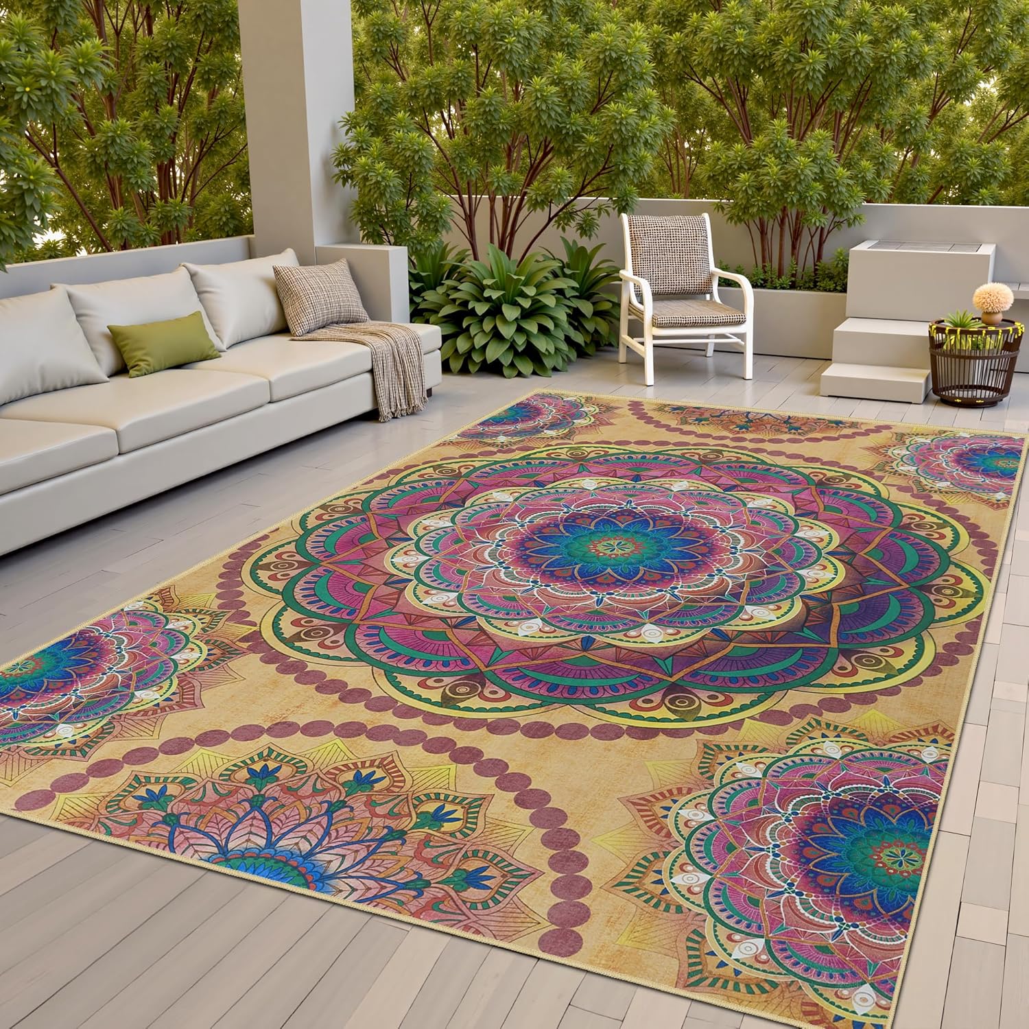 Meditation Indoor Outdoor Rug 5x8 ft Boho Style for Serenity