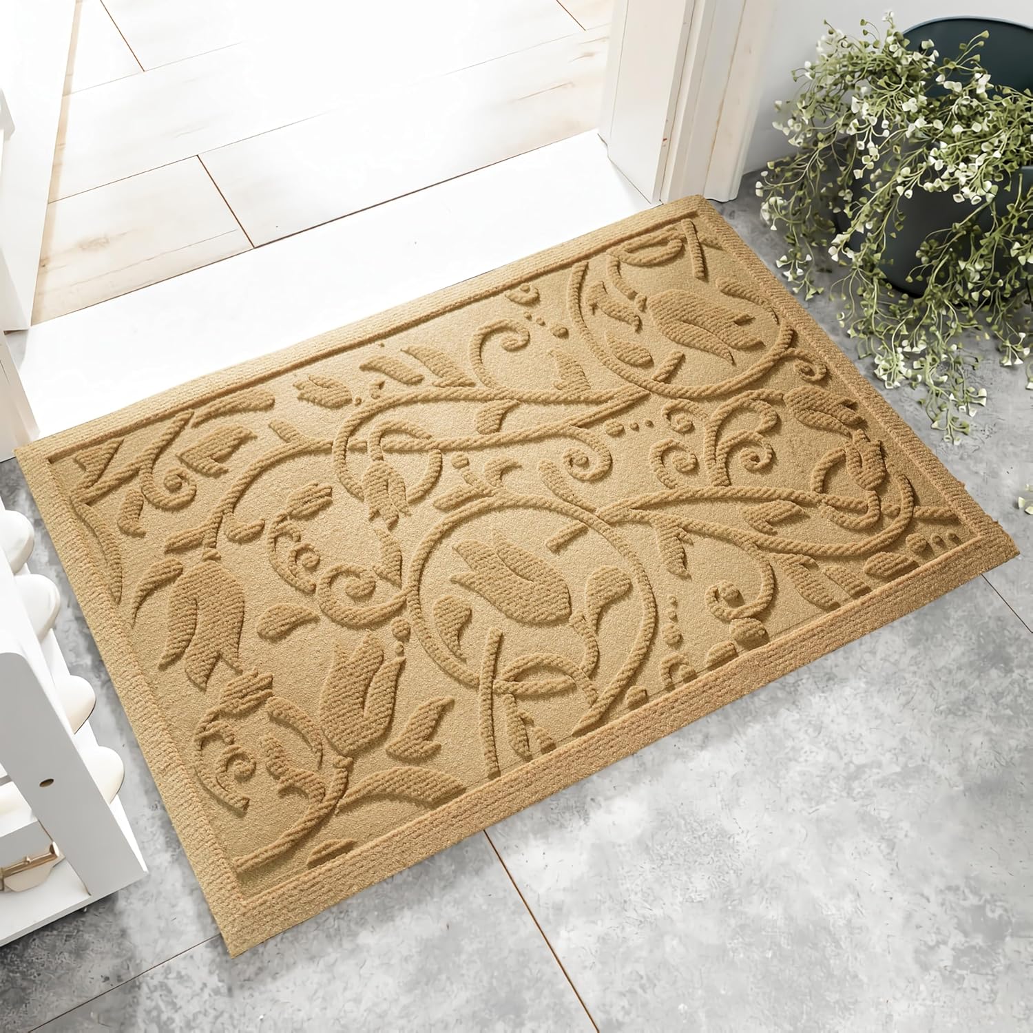 Boho Beige Floral Leaves Doormat for Indoor and Outdoor Use