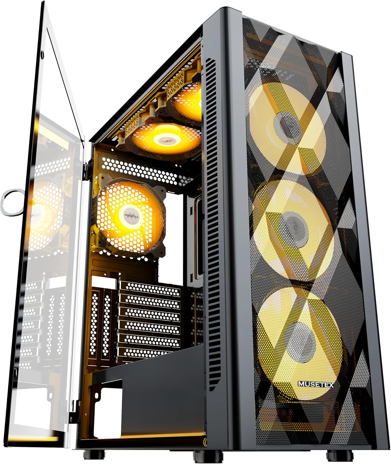 MUSETEX Mid-Tower PC Case: 6 ARGB Fans, Tempered Glass, Type C