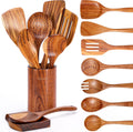 Natural Teak 9-Piece Wooden Kitchen Utensil Set with Spoon Rest