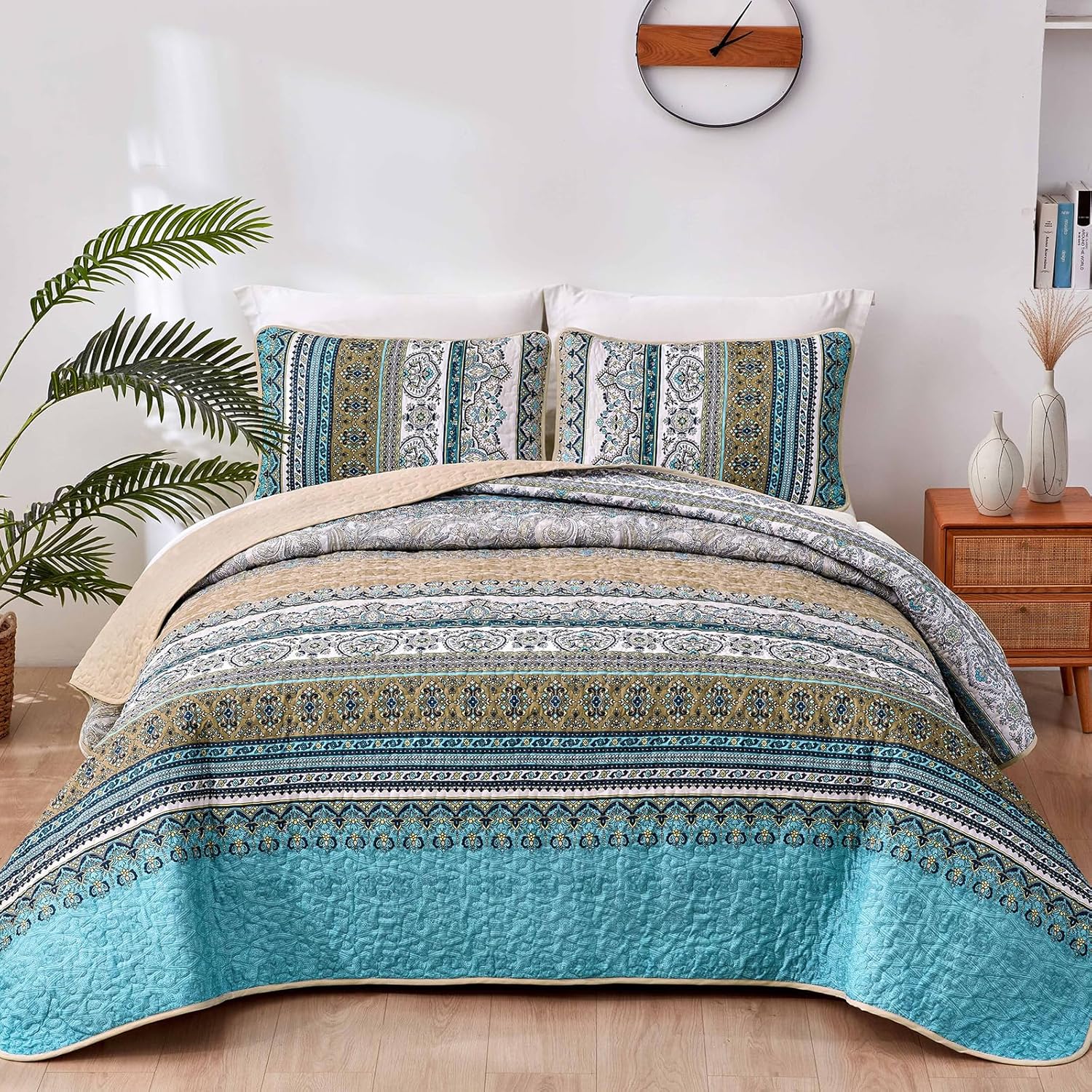 Bohemian Blue Brown Quilt Set Queen Size for All Seasons