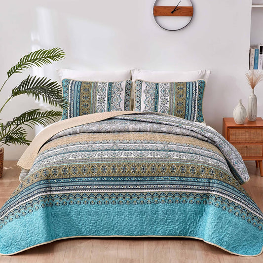 Bohemian Blue Brown Quilt Set Queen Size for All Seasons