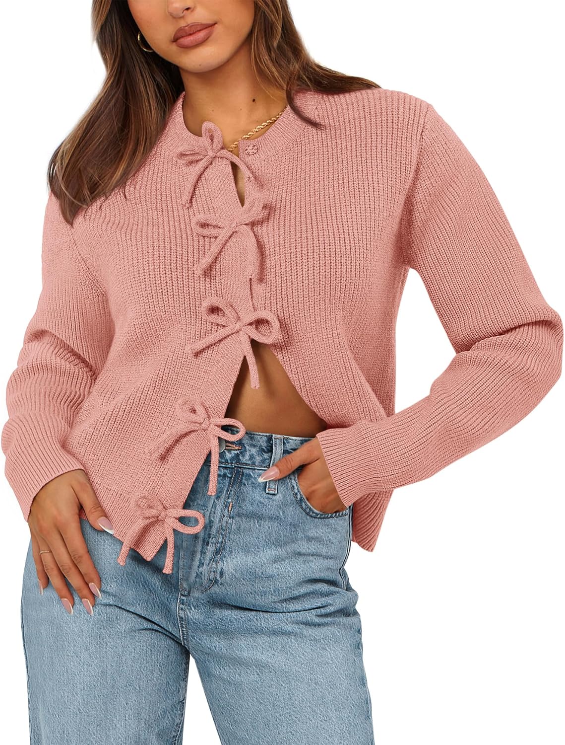 BTFBM Bow Cardigan Sweaters for Women Trendy Fall Winter 2025