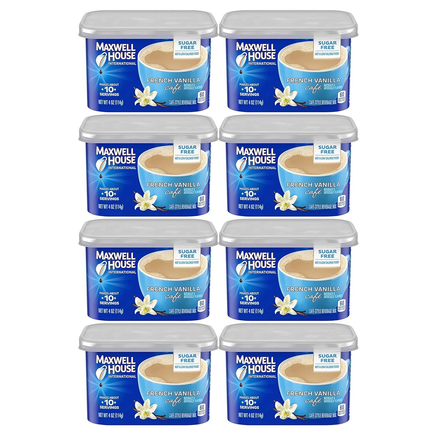 Sugar Free French Vanilla Cafe Instant Coffee 4 Oz Can Pack-8