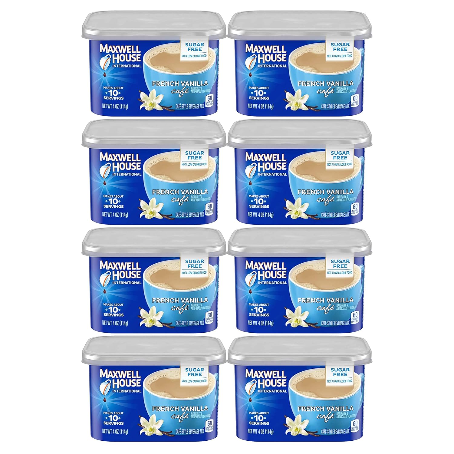 Sugar Free French Vanilla Cafe Instant Coffee 4 Oz Can Pack-8