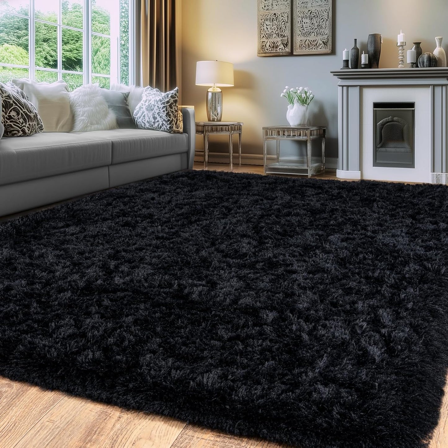 Black Fluffy Rug for Bedroom - Ultra Soft Non Slip Shaggy Area Rug