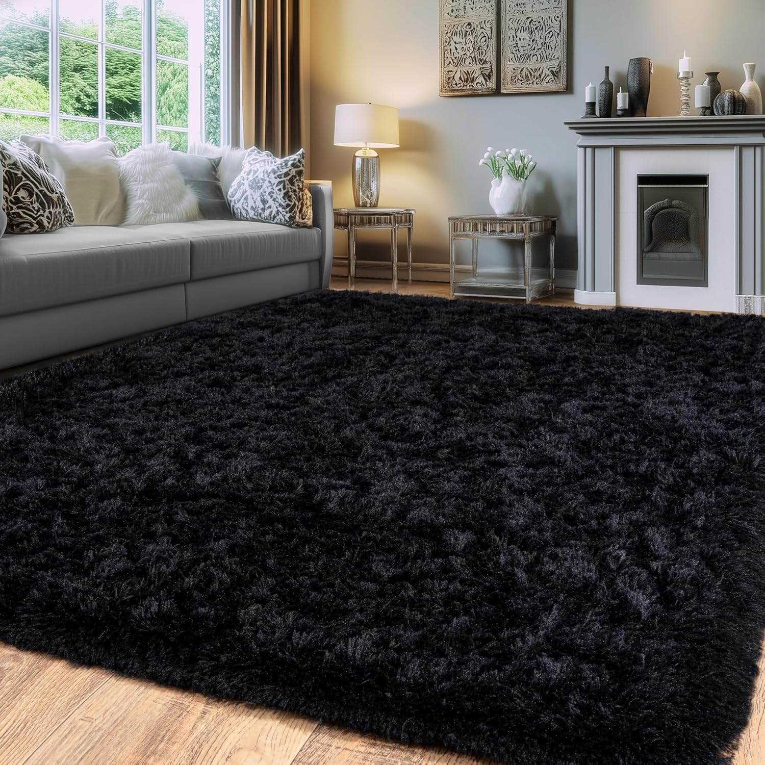 Black Fluffy Rug for Bedroom - Ultra Soft Non Slip Shaggy Area Rug