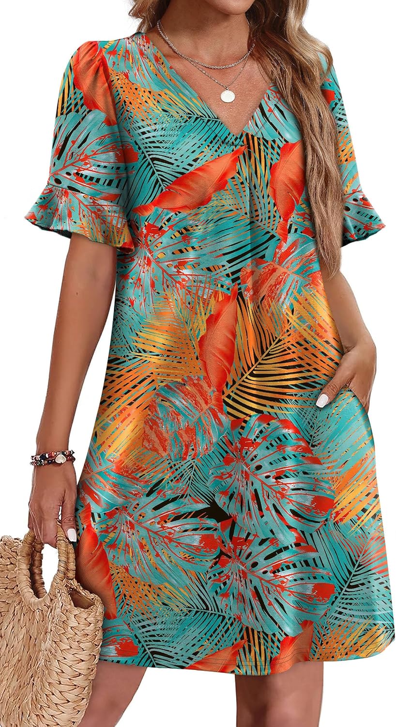 OFEEFAN Summer Dresses for Women with Ruffle Short Sleeves
