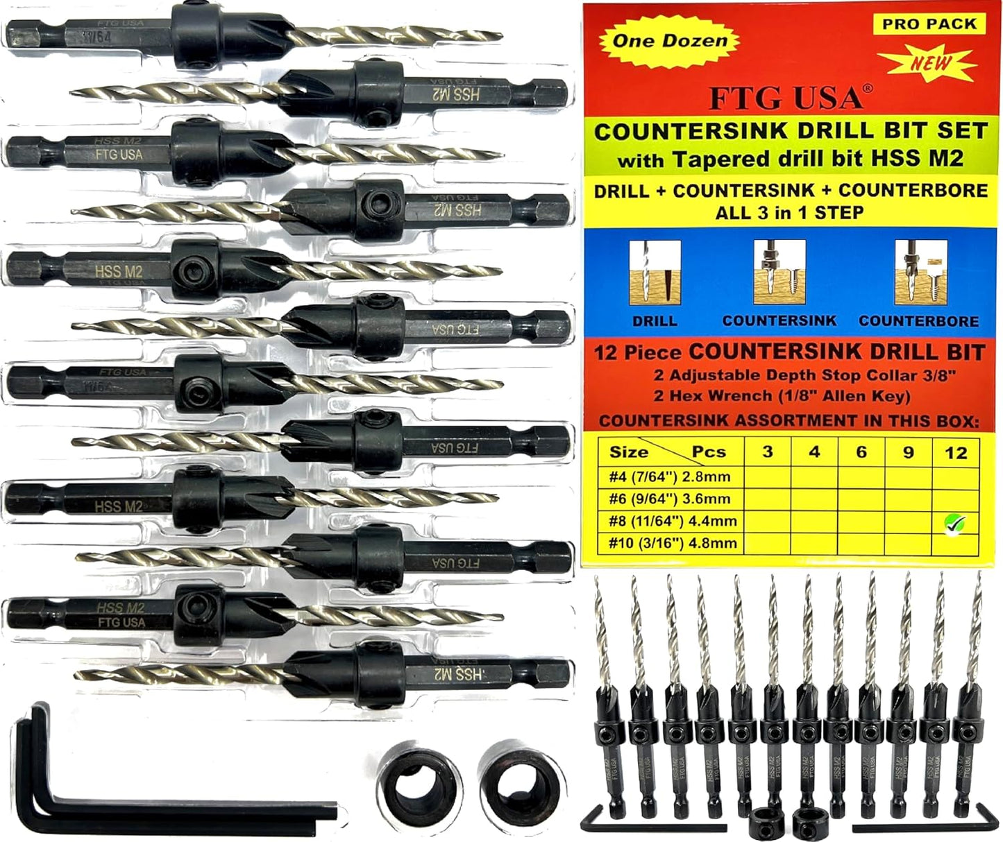 FTG USA 12 Pc Countersink Drill Bit Set for Woodworking Gifts