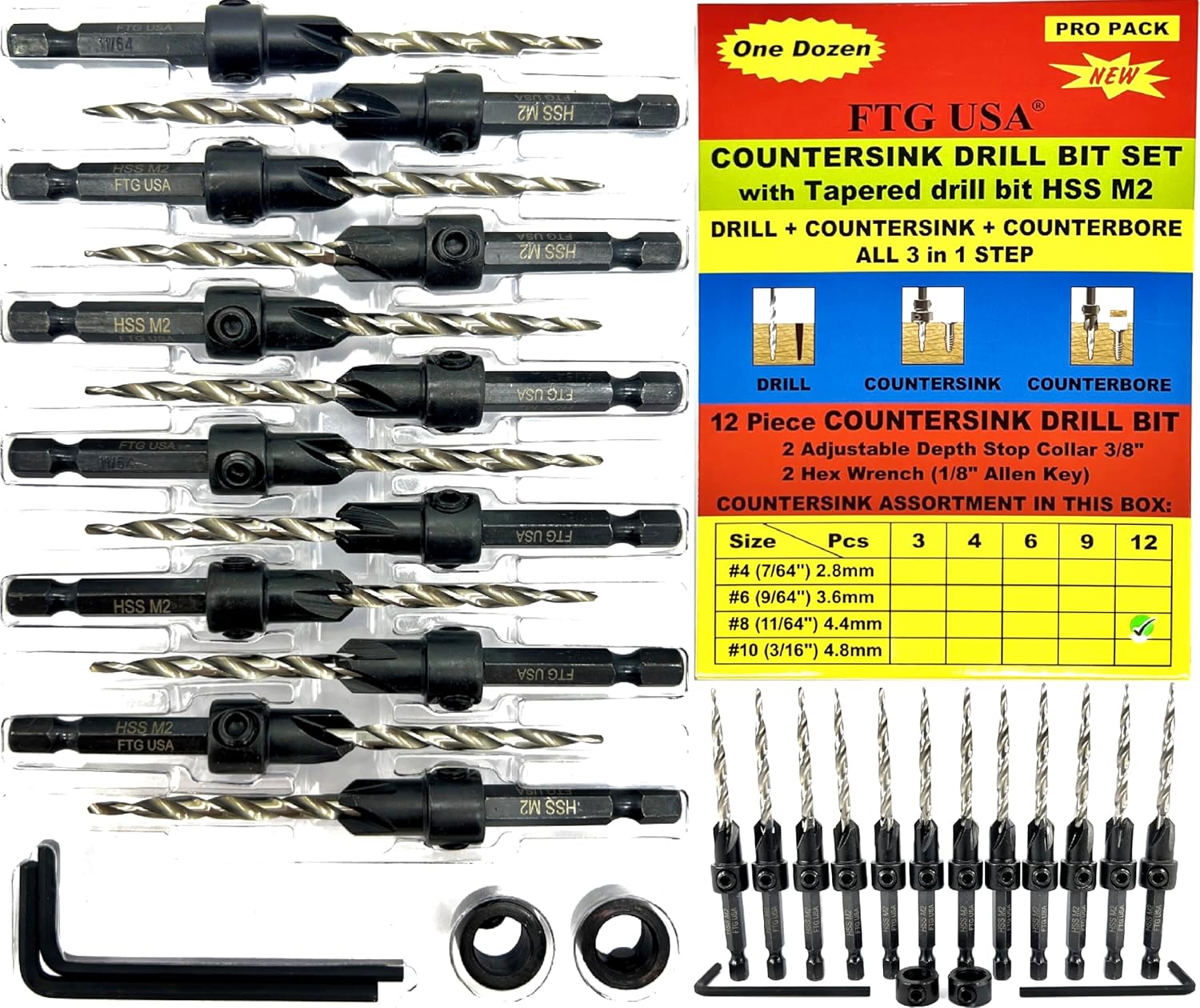 FTG USA 12 Pc Countersink Drill Bit Set for Woodworking Gifts