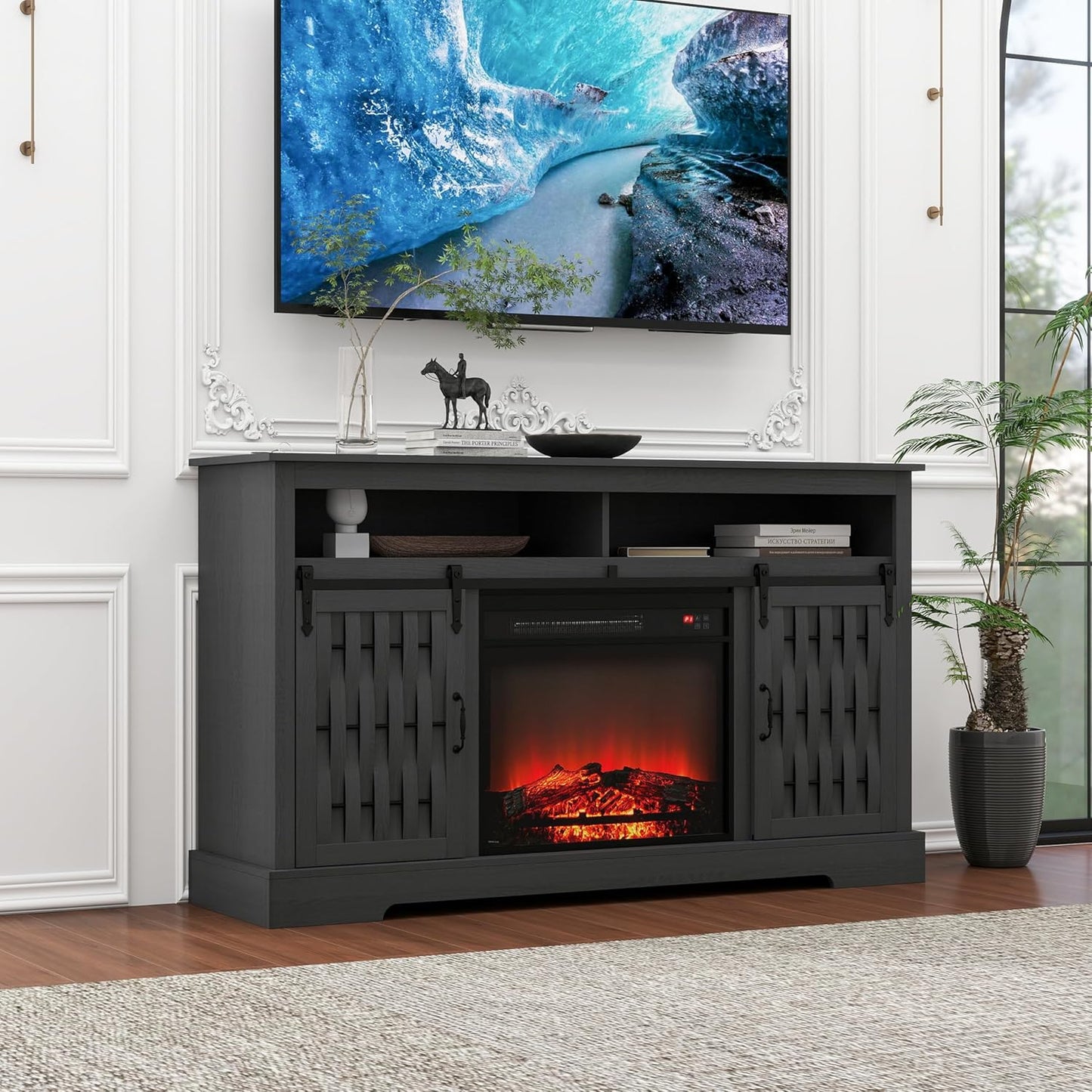 Farmhouse Black Electric Fireplace TV Stand - Cozy Home Charm!