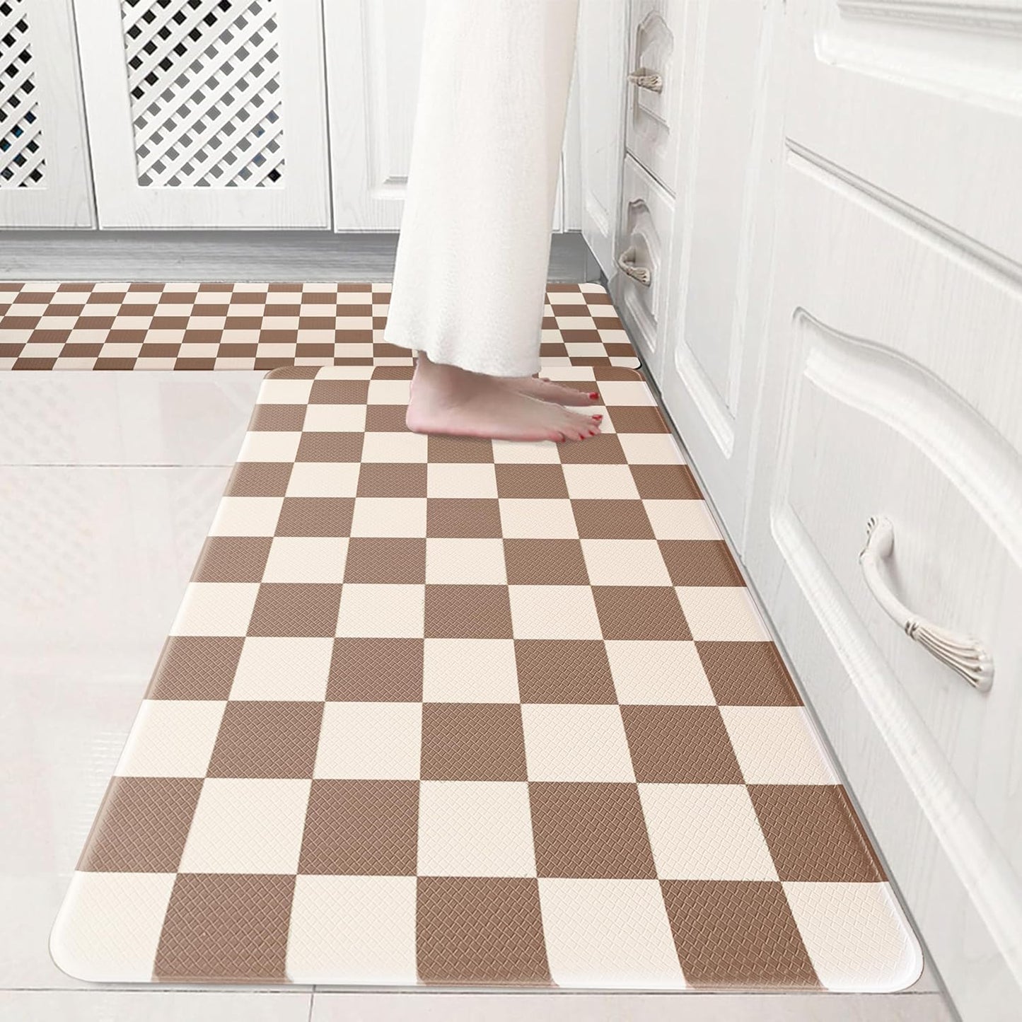 Beige Khaki Checkered Kitchen Rug Sets for Comfort and Style