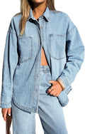 Women Denim Shirt Oversized Long Sleeve Button Down (Style YCZF)