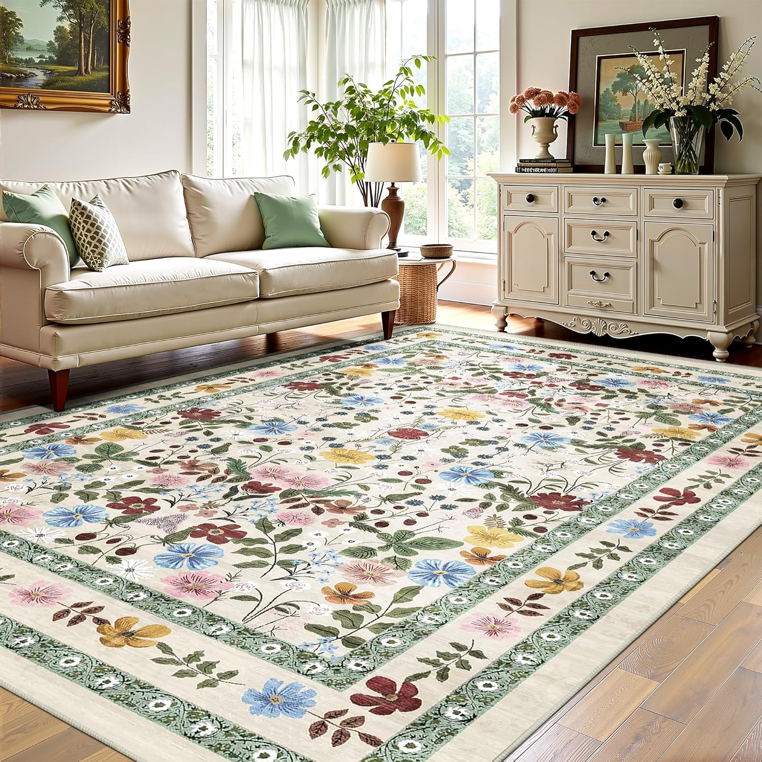 Deerly Boho Floral Rug 6x9 Vintage Colorful Washable Carpet