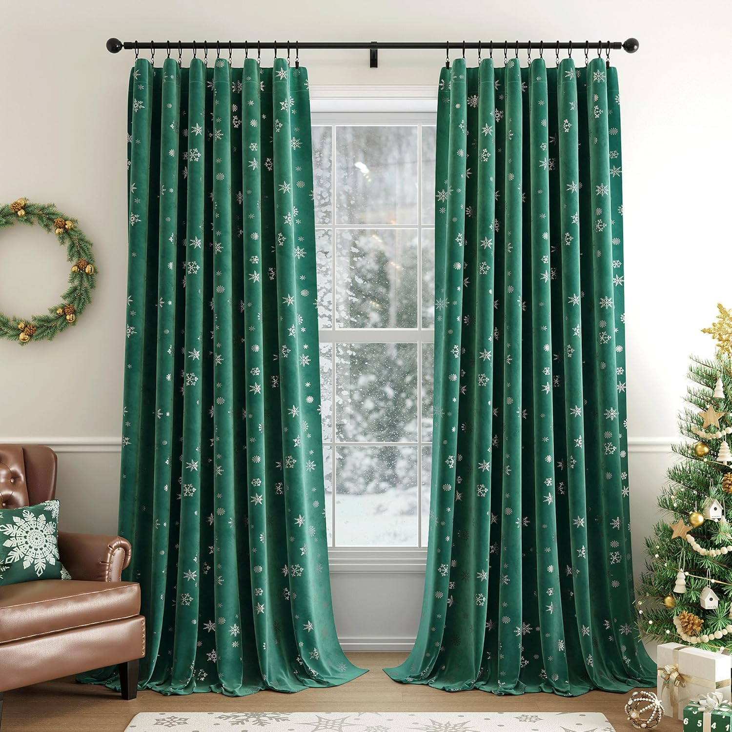 Beauoop Christmas Green Velvet Curtains for Holiday Decor