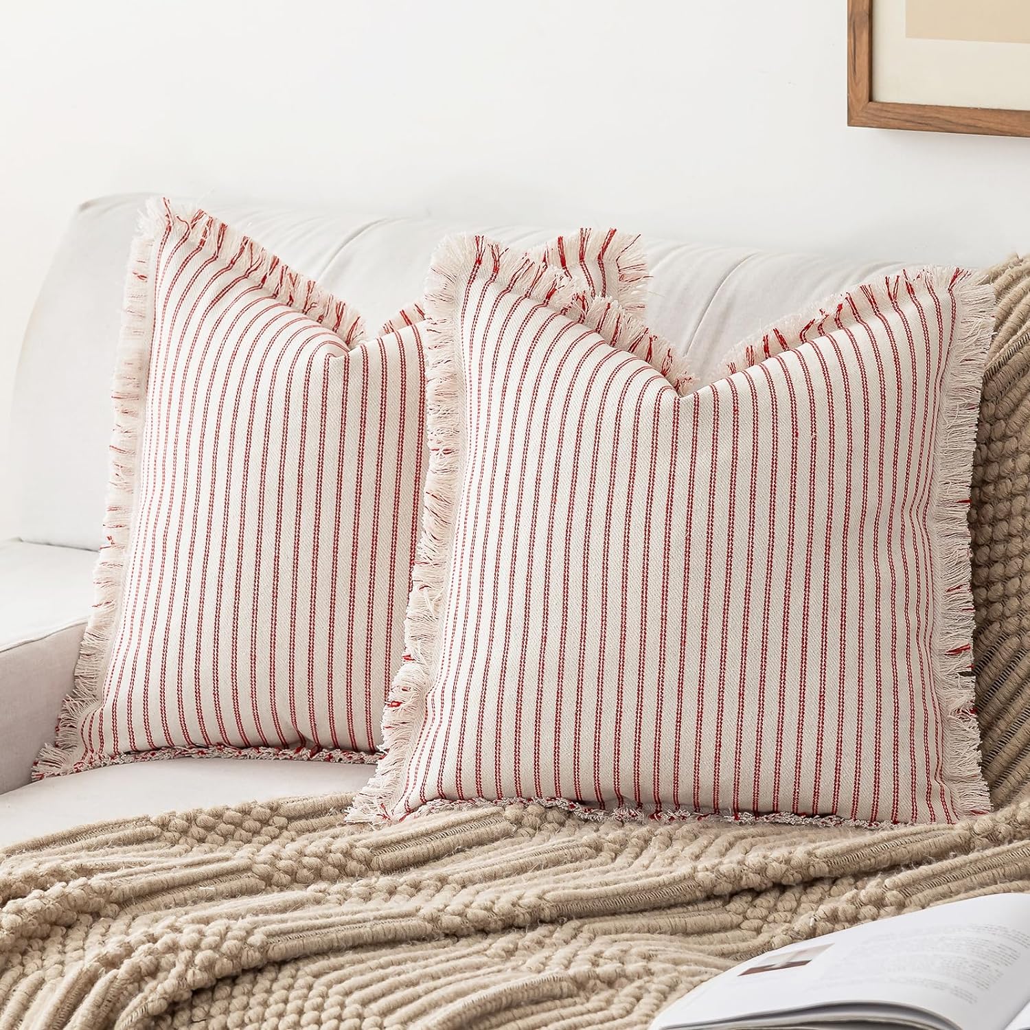 Throw Pillow Covers 26x26 Set of 2 with Striped Fringe Design