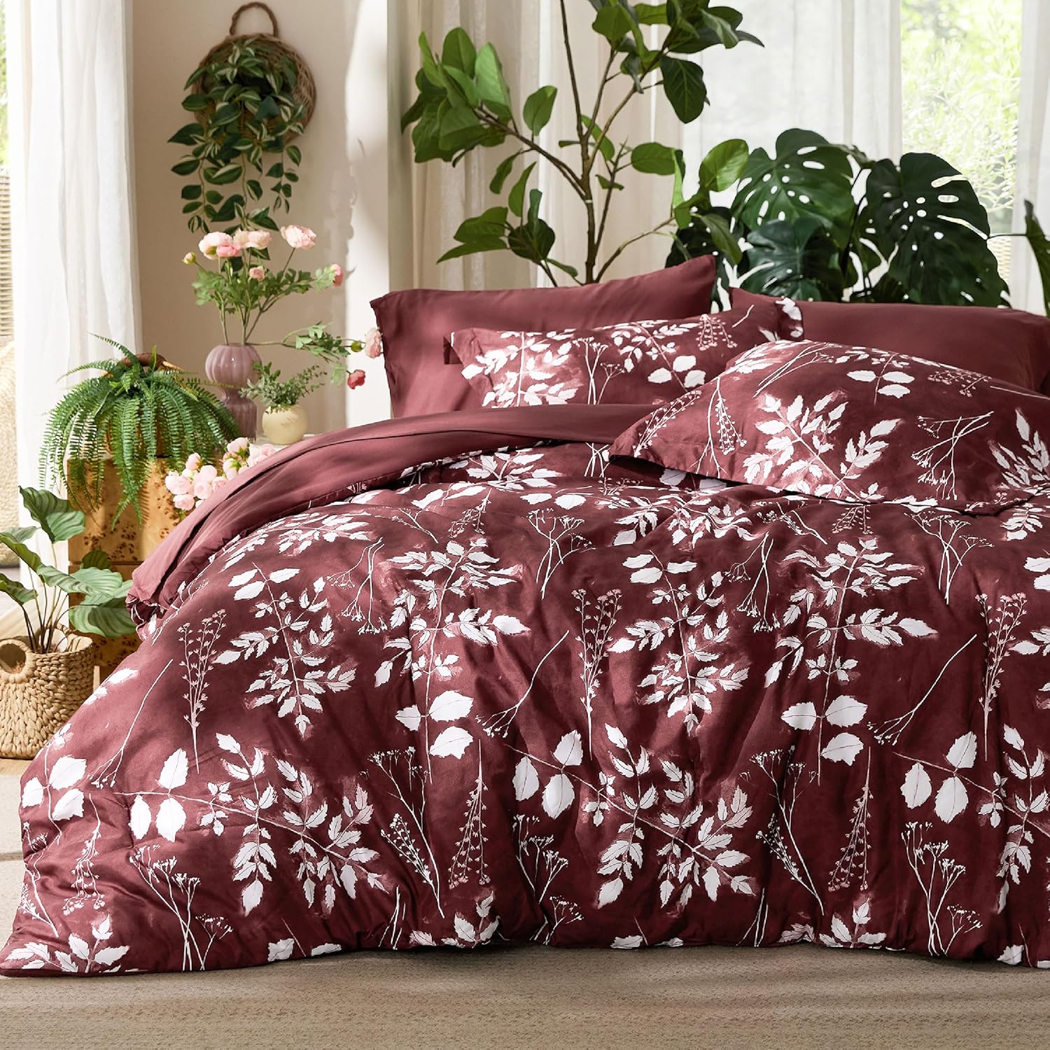 Bedsure Full Size Comforter Set - 7 Pieces Floral Burgundy Bedding