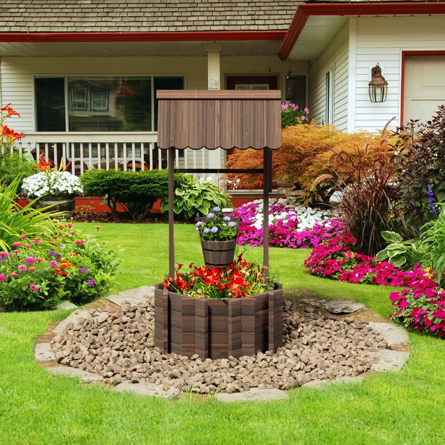 Rustic Solid Fir Wood Wishing Well Planter for Outdoor Plants